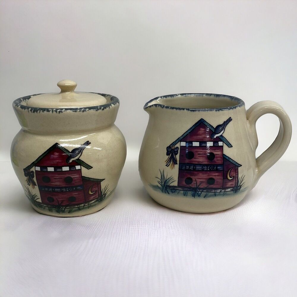 Home & Garden Party Birdhouse Sugar & Creamer Set 2001 & 2003 USA